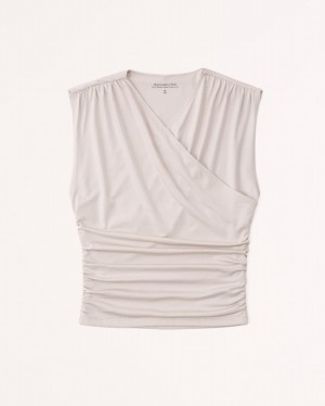 Beige Abercrombie And Fitch Cotton-modal Ruched Wrap Women Tanks | 06CDXYQKF