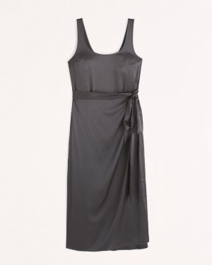 Black Abercrombie And Fitch Belted Satin Slip Midi Women Dresses | 24CXRDPUV