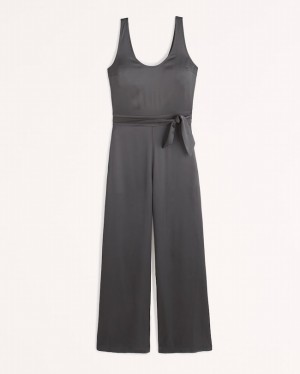 Black Abercrombie And Fitch Belted Satin Women Jumpsuit | 93JVHDRCW