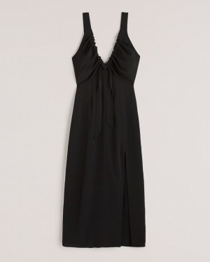 Black Abercrombie And Fitch Cinched Neck Slip Midi Women Dresses | 01UJALVQO