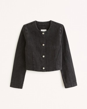 Black Abercrombie And Fitch Collarless Denim Women Jackets | 38ACSOFTW