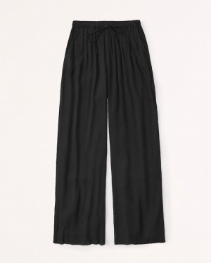 Black Abercrombie And Fitch Crinkle Textured Pull-on Wide Leg Women Pants | 38GCXUWPT