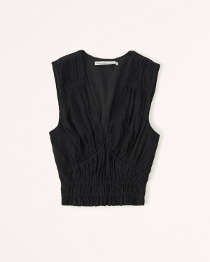 Black Abercrombie And Fitch Crinkle Textured Plunge Women Tanks | 62MUKOXST