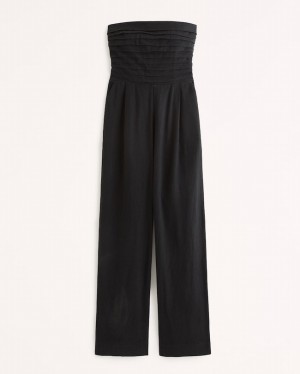 Black Abercrombie And Fitch Emerson Ruched Strapless Women Jumpsuit | 18WGMECAU