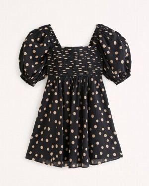 Black Abercrombie And Fitch Emerson Ruched Puff Sleeve Mini Women Dresses | 96ZWLDMAG