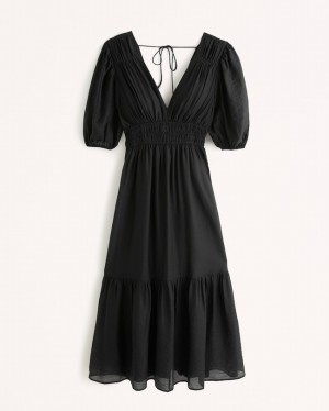 Black Abercrombie And Fitch Floaty Plunge Midi Women Dresses | 94AYBLHGP