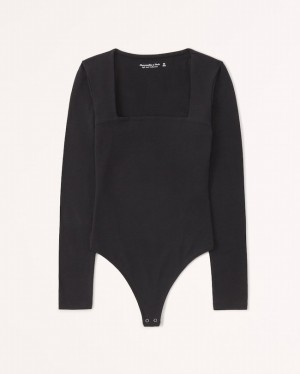Black Abercrombie And Fitch Long-sleeve Cotton Seamless Fabric Squareneck Women Bodysuit | 19HQXCYWG