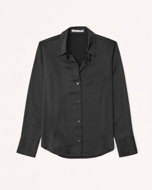 Black Abercrombie And Fitch Long-sleeve Satin Button-up Women Sets | 73JHYQWCF
