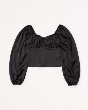 Black Abercrombie And Fitch Long-sleeve Satin Ruched Women Shirts | 08ITFBHOD