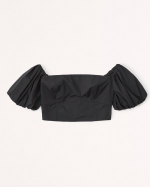 Black Abercrombie And Fitch Off-the-shoulder Poplin Women Shirts | 92XCUAMFP