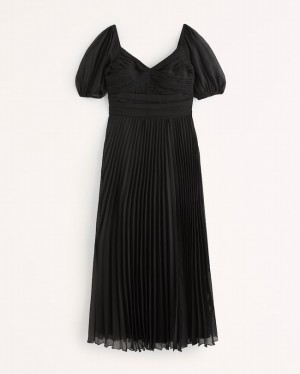 Black Abercrombie And Fitch Puff Sleeve Pleated Midi Women Dresses | 05XRKLIHA