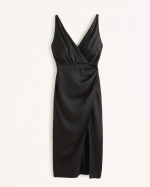 Black Abercrombie And Fitch Satin Draped Wrap Midi Women Dresses | 71NKHWRQS
