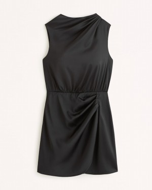Black Abercrombie And Fitch Satin Draped High-neck Mini Women Dresses | 06QOCDBRP