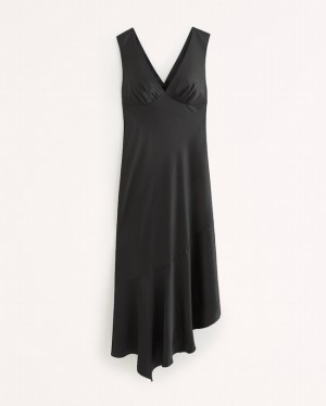 Black Abercrombie And Fitch Satin Slip Asymmetrical Midi Women Dresses | 01CYPNSKH