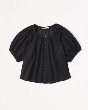 Black Abercrombie And Fitch Sheer Puff Sleeve Women Shirts | 27TEPFOCB