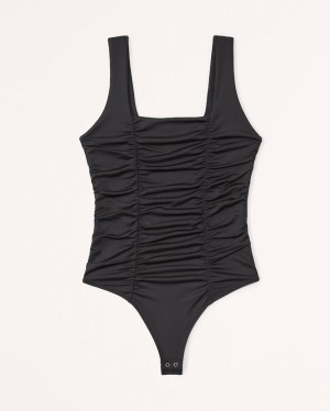Black Abercrombie And Fitch Sleek Seamless Fabric Ruched Squareneck Women Bodysuit | 28FKZICBO