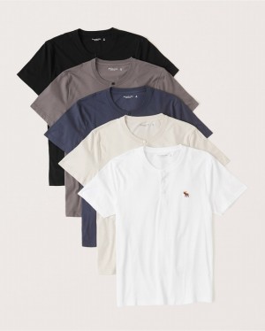 Black / Grey / Dark Blue / Cream / White Abercrombie And Fitch 5-pack Icon Henley Men T-shirts | 32IKTSRCB