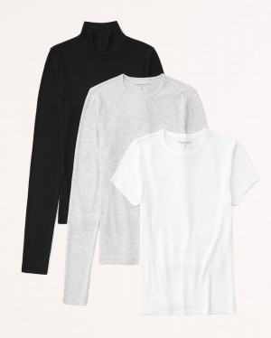 Black / Grey / White Abercrombie And Fitch 3-pack Featherweight Rib Tuckable Women T-shirts | 59HMDXOWE