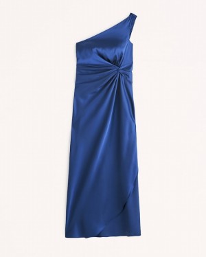 Blue Abercrombie And Fitch One-shoulder Satin Knotted Midi Women Dresses | 01OVDIZGK
