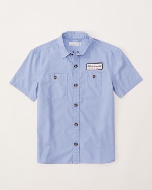 Blue Abercrombie And Fitch Short-sleeve Logo Utility Button-up Boys Shirts | 49QSOCBJU