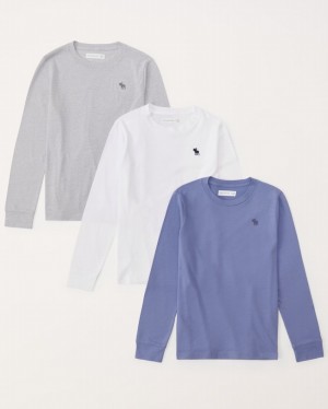 Blue / Grey / White Abercrombie And Fitch 3-pack Essential Long-sleeve Icon Crew Boys T-shirts | 92XAFCSHY