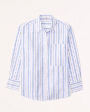 Blue / Stripes Abercrombie And Fitch Oversized Linen-blend Women Shirts | 01MDWZVFP