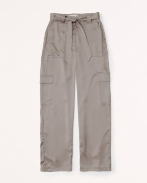 Brown Abercrombie And Fitch Beltedgy Satin Cargo Women Pants | 62NCBDSGT