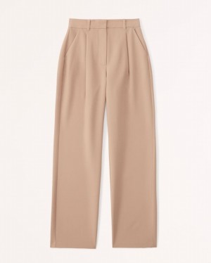 Brown Abercrombie And Fitch Curve Love Tailored Relaxed Straight Women Pants | 94ODKPJIN
