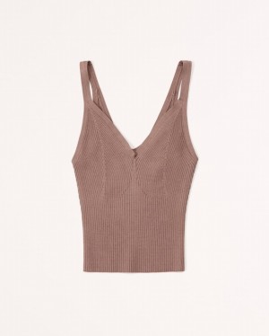 Brown Abercrombie And Fitch Glossy V-neck Women Tanks | 43OJBHNPZ