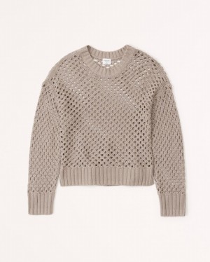 Brown Abercrombie And Fitch Long-sleeve Crochet Crew Women Shirts | 34ZNWQETY