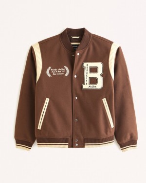Brown Abercrombie And Fitch Varsity Bomber Men Jackets | 65NKCEPLX