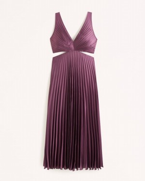 Burgundy Abercrombie And Fitch Satin Pleated Cutout Maxi Women Dresses | 89KEBPJOY
