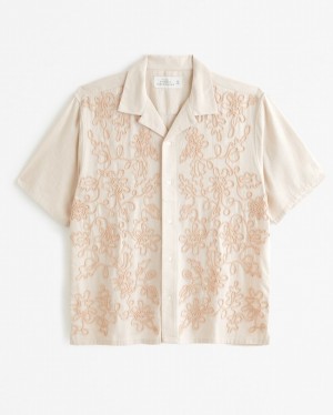 Cream Abercrombie And Fitch Camp Collar Summer Linen-blend Embroidered Men Shirts | 13FZWIXLP