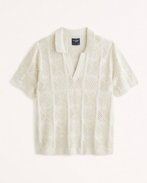 Cream Abercrombie And Fitch Exaggerated Johnny Collar Crochet Men Polo Shirts | 91IKBXHTE
