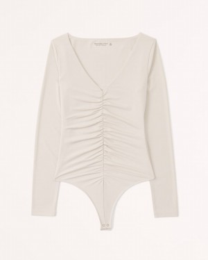 Cream Abercrombie And Fitch Long-sleeve Ruched V-neck Women Bodysuit | 49PNADBTE