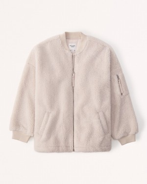 Cream Abercrombie And Fitch Oversized Sherpa Bomber Women Jackets | 76WGFNXRD