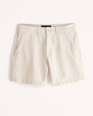 Cream / Stripes Abercrombie And Fitch 7 Inch Linen-blend Plainfront Men Shorts | 56OLIYBTZ