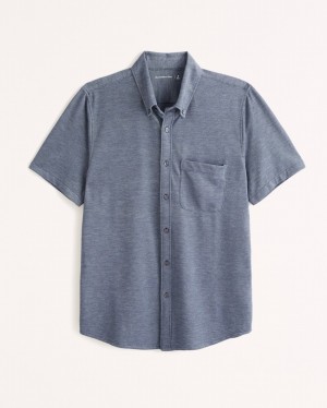 Dark Blue Abercrombie And Fitch Short-sleeve Performance Button-up Men Shirts | 23XCQWGIT