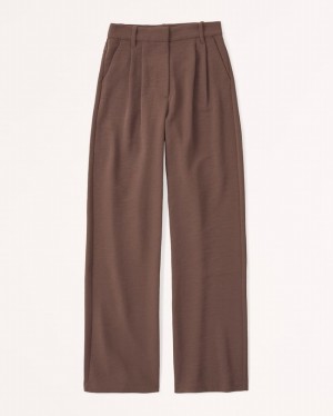 Dark Brown Abercrombie And Fitch Sloane Tailored Premium Crepe Women Pants | 42ZIXMEUS