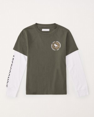 Dark Green Abercrombie And Fitch Long-sleeve Twofer Print Logo Boys T-shirts | 09RYGZNQS