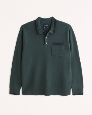 Dark Green Abercrombie And Fitch Tipped Long-sleeve 3-button Men Polo Shirts | 56YGQWRJZ