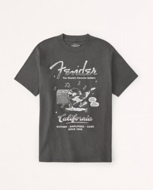 Dark Grey Abercrombie And Fitch Oversized Boyfriend Fender Graphic Women T-shirts | 97GTEOWBH
