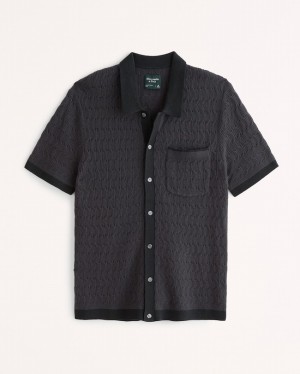 Dark Grey Abercrombie And Fitch Tonal Stitch Button-through Men Polo Shirts | 10RUOESWK