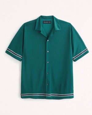 Green Abercrombie And Fitch Camp Collar Mesh Button-up Men Shirts | 18BSYVZCN