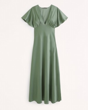 Green Abercrombie And Fitch Flutter Sleeve Satin Maxi Women Dresses | 70QYLZAFE
