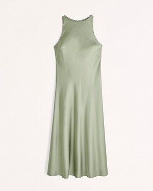 Green Abercrombie And Fitch Satin High-neck Midi Women Dresses | 13IFLHOQN