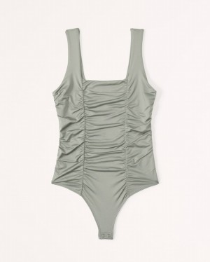 Green Abercrombie And Fitch Sleek Seamless Fabric Ruched Squareneck Women Bodysuit | 98JWKSIEL