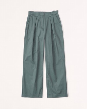 Green Abercrombie And Fitch Twill Pleated Ultra Wide-leg Women Pants | 80FOJSUAY