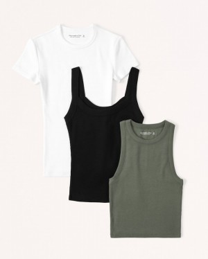 Green / Black / White Abercrombie And Fitch 3-pack Essential Ribbeds Women Tanks | 08DMLJQZI