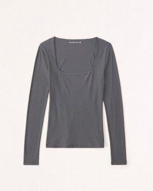 Grey Abercrombie And Fitch Soft Matte Seamless Long-sleeve Squareneck Women T-shirts | 24ZMDFKNW